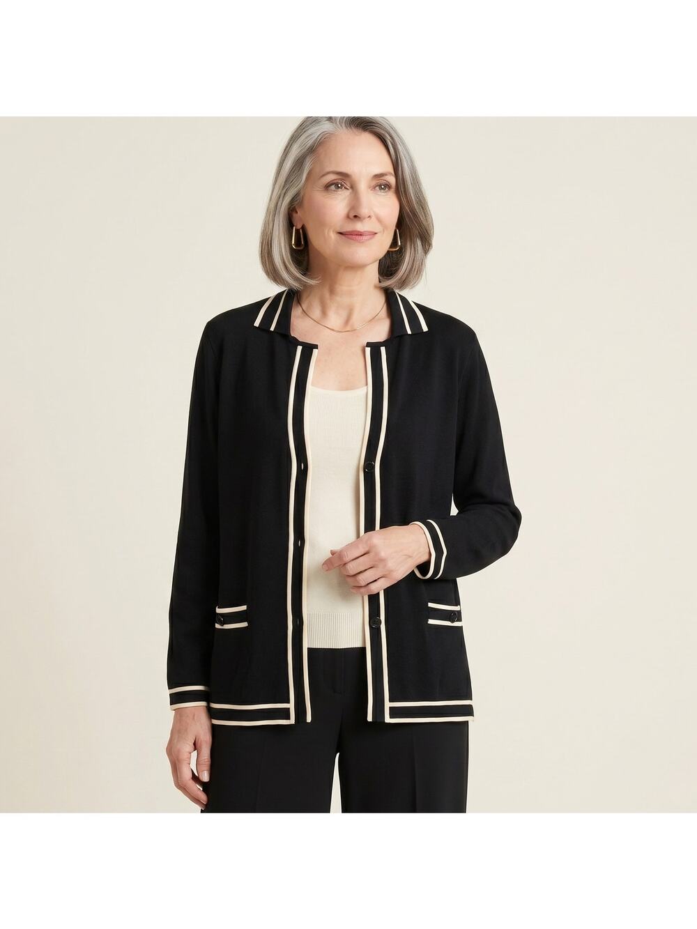 MISOOK Black Cardigan Jacket cream trim Acrylic knit size Large
